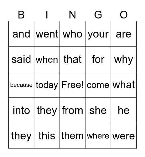 St Patrick's Day Sight Word Bingo Card