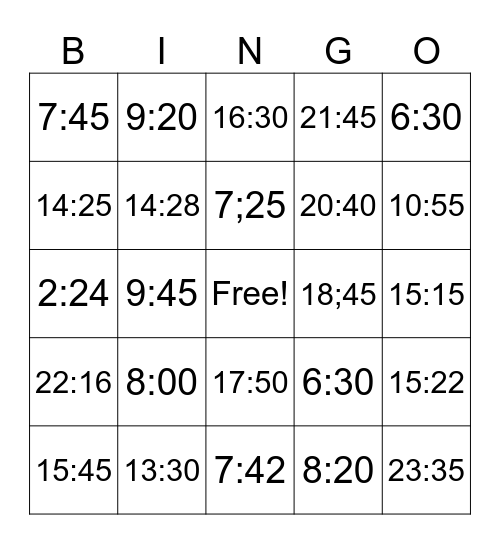 12  HOUR & 24 HOUR CLOCK Bingo Card