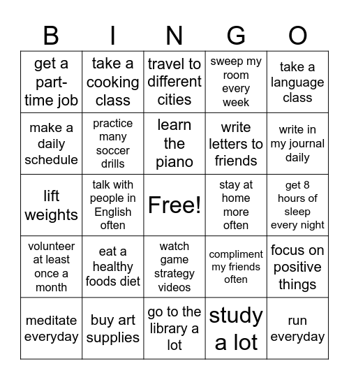 New Year's Resolution BINGO Card