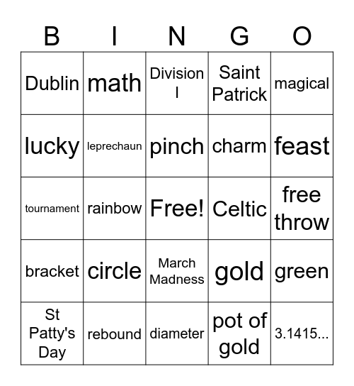 Pi Day | St. Patrick's Day | March Madness Bingo Card