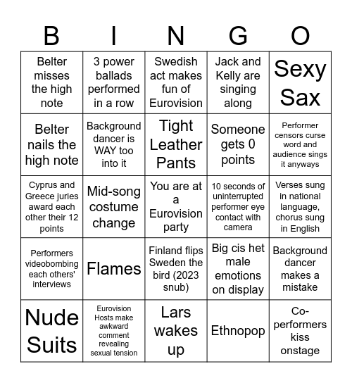 Eurovision 2024 Bingo Card