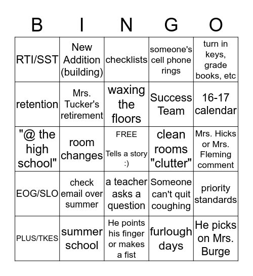 Beasley Bingo--Cross out a box every time Mr. Beasley says the word or phrase. Bingo Card