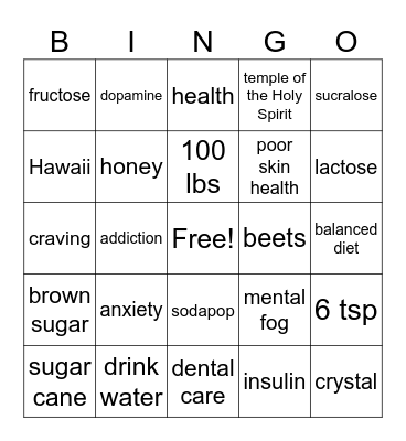 Sugar Bingo Card