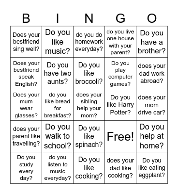 Bingo. Present simple questions Bingo Card