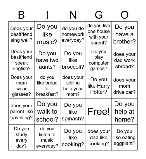 Bingo. Present simple questions Bingo Card