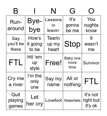 90s Breakup Songs Bingo Card