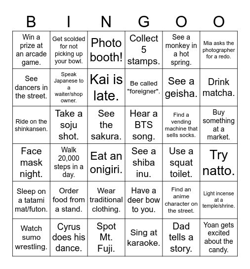 South Korea / Japan Bingo Card