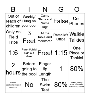 Summer Camp Fun Bingo Card