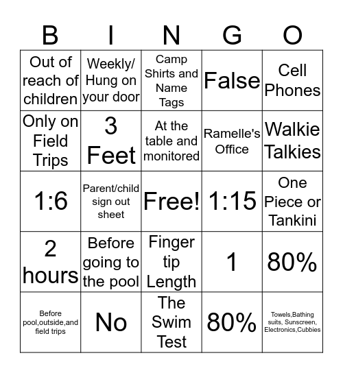 Summer Camp Fun Bingo Card