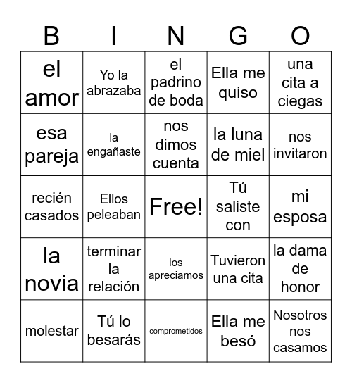 S2 Spanish 3 Las Relaciones Bingo Card