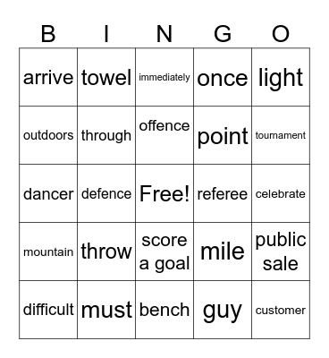 Bingo unit 5 1GK Bingo Card