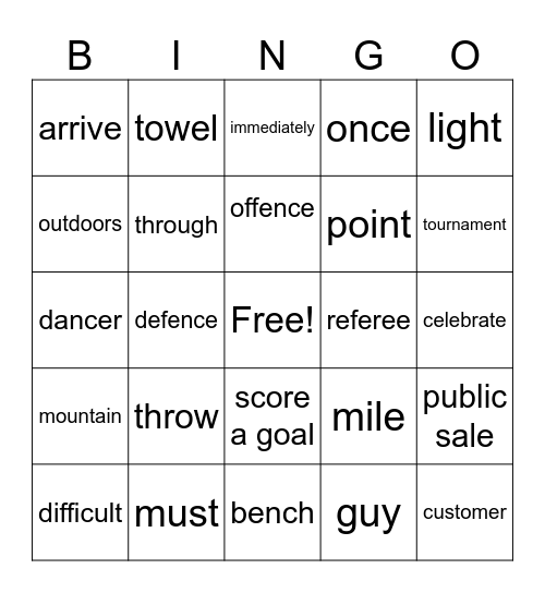 Bingo unit 5 1GK Bingo Card