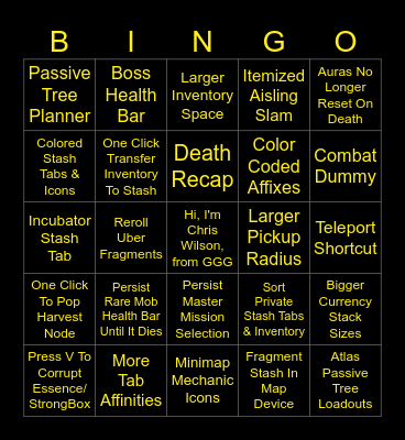 PoE Quality of Life Bingo Card