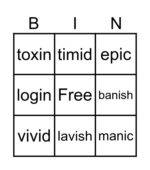 Multisyllabic Bingo Card