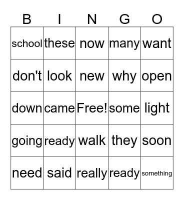 Sight Words Bingo Card
