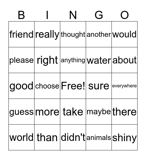 Sight Words Bingo Card