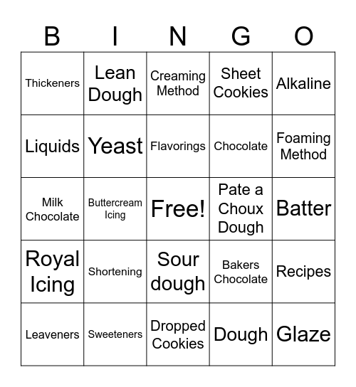 Dessert and Baked Goods Bingo Card