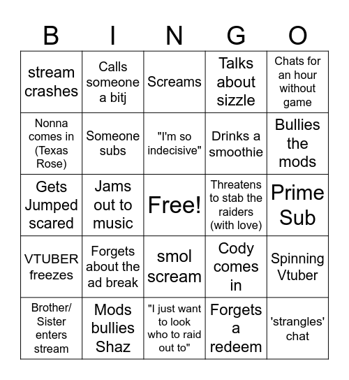 Shaz's Stream Bingo Card