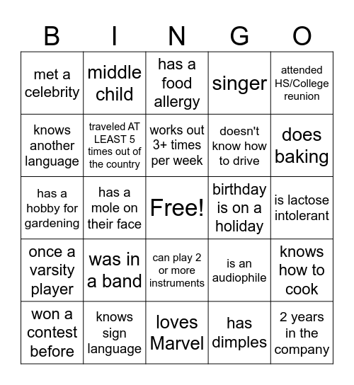 Mingle Bingo Card