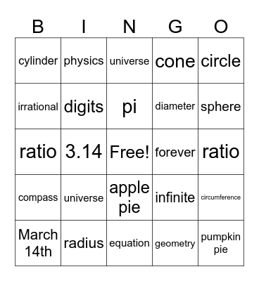 Pi Day Bingo Card