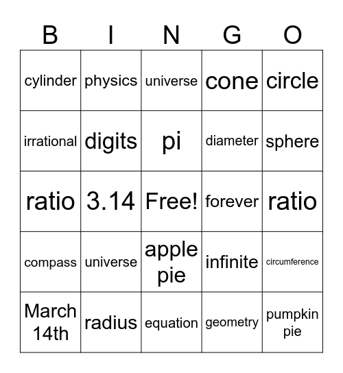 Pi Day Bingo Card