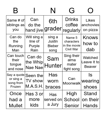 Middle School Ministry Bingo Card