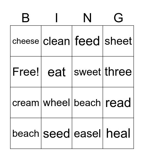 ee and ea words Bingo Card