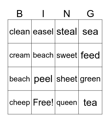 ee and ea words Bingo Card