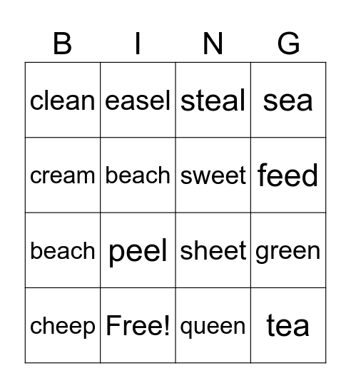 ee and ea words Bingo Card