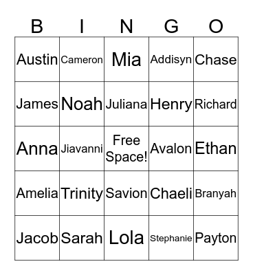 Our 4th Grade Class Bingo Card