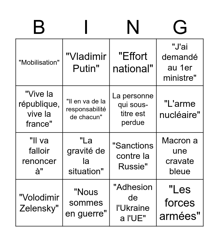 Macron 14 mars 2024 Bingo Card