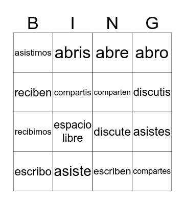 IR verbs Bingo Card