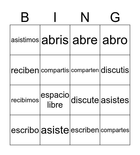 IR verbs Bingo Card