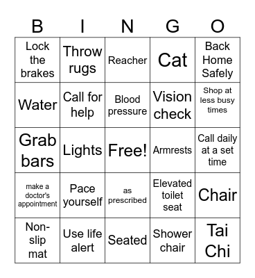 Fall Prevention Bingo Card