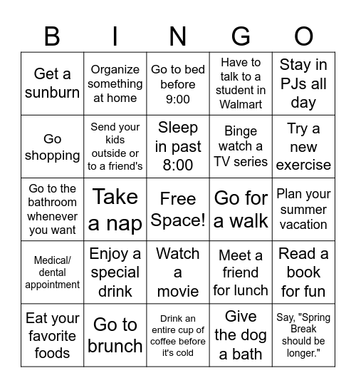 Teacher Spring Break Bingo Card