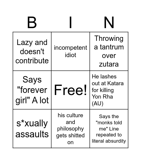 ANTI AANG FANFIC VERSION Ultimate Bingo Card Bingo Card