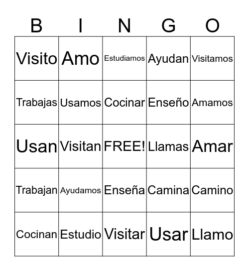 -AR Verbs Bingo Card