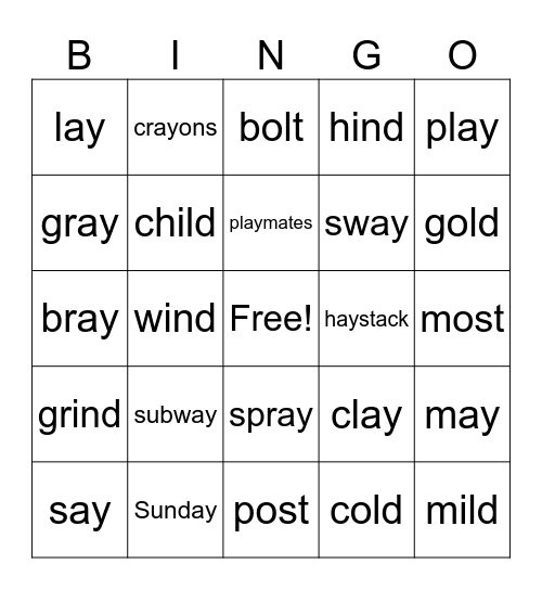 -ay words and exceptions Bingo Card