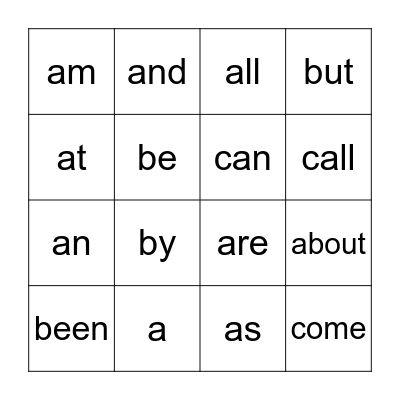 Sight Words Bingo Card