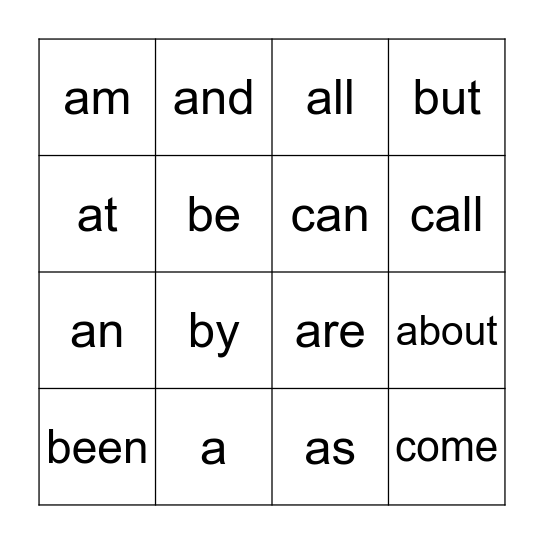 Sight Words Bingo Card
