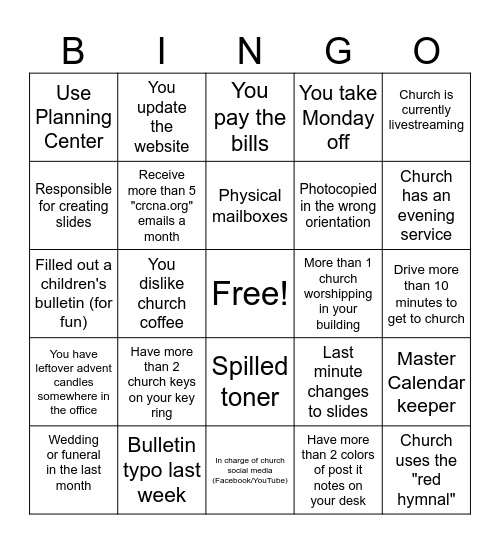 Church Administrator Bingo Card