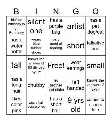 My Classmates Bingo Card