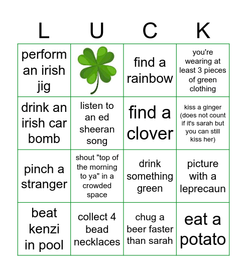 St Patty's Day Bingo Card