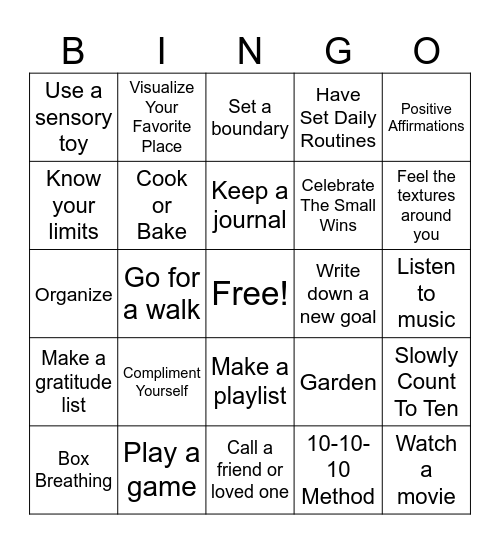 Coping Skills Bingo Card