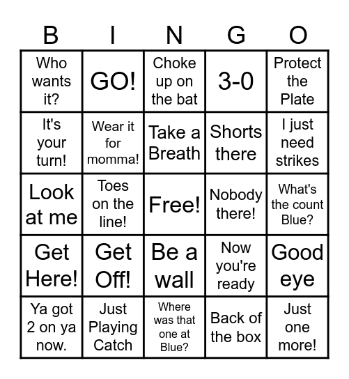 KSA Bombers baseball Bingo Card