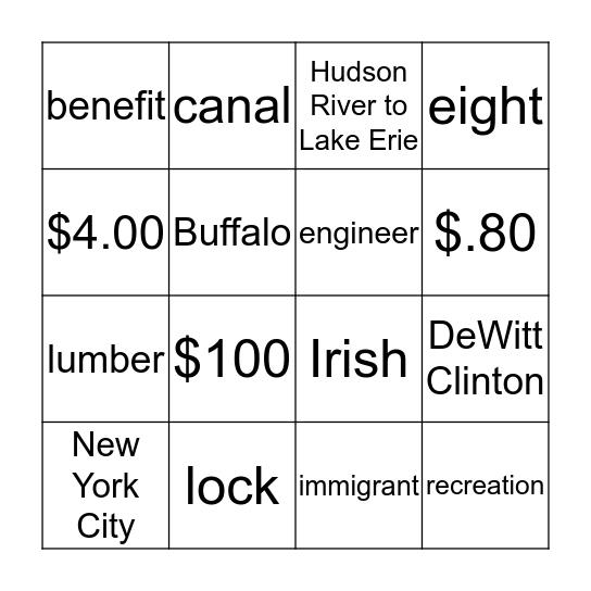 Erie Canal Bingo Card