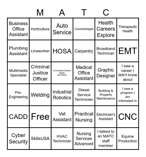 MATC Career Programs Bingo Card