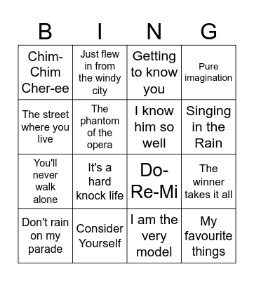 Songs from Musicals Bingo Card