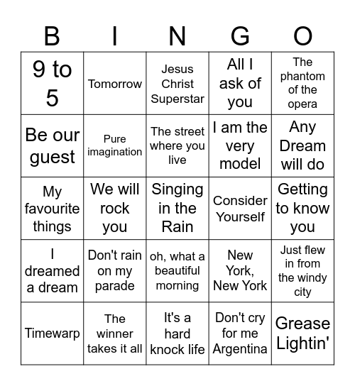 Songs from Musicals Bingo Card
