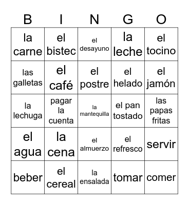 La comida Bingo Card